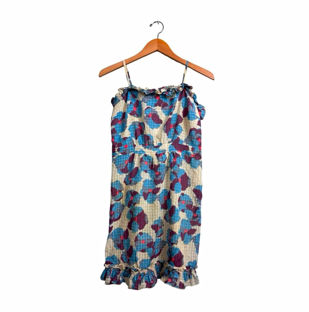 Vintage Juicy Couture Girls 8 Floral Seersucker Sundress Smocked Ruffle Hem Blue